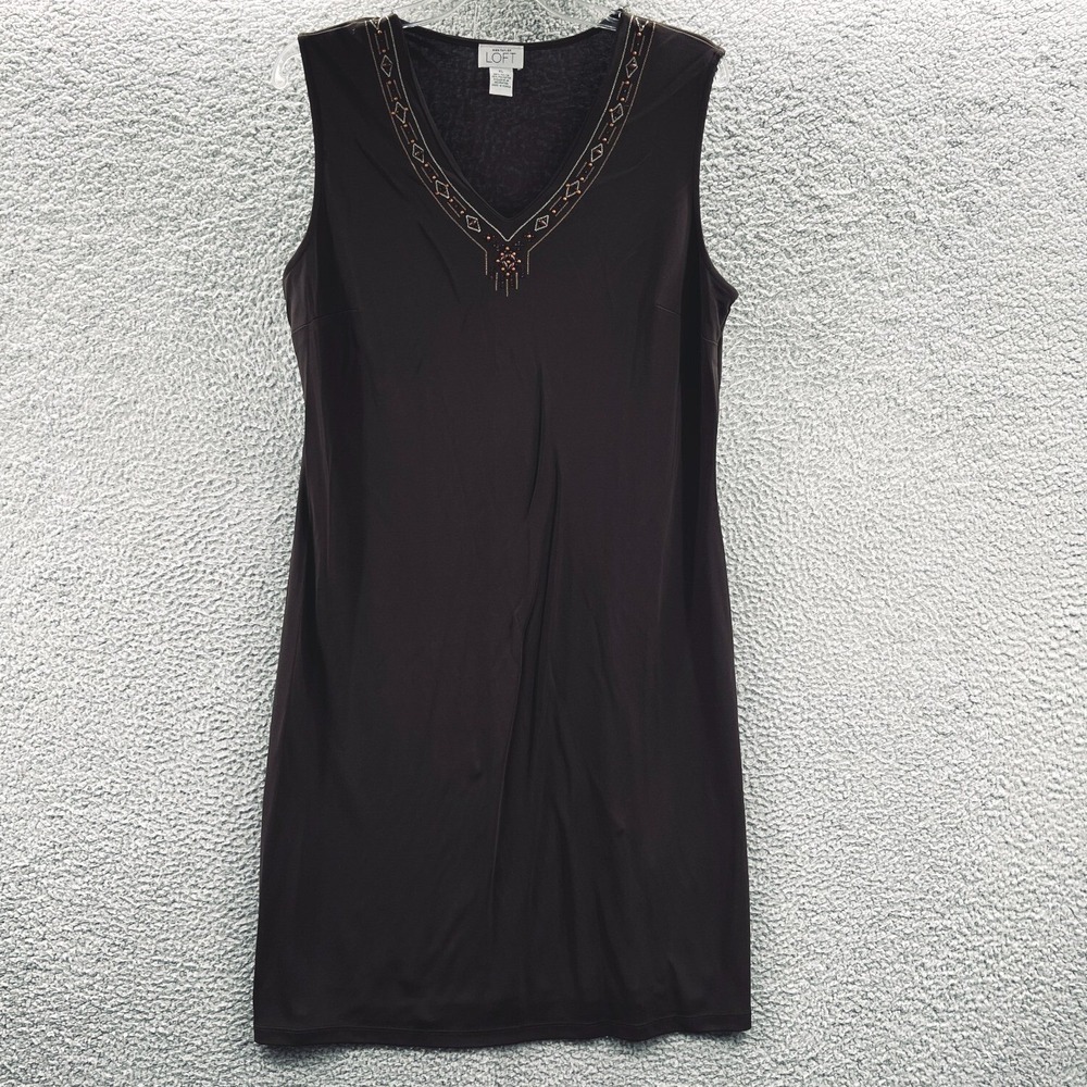 Womens Minimalist Sleeveless Shift Dress XL Brown Beaded V Neck Cocktail Evening